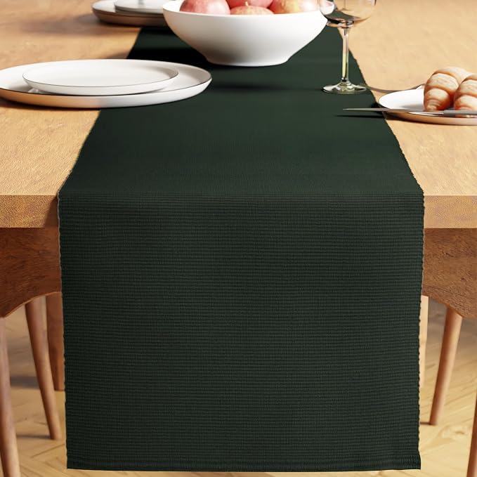 Encasa XO Table Runner, Yarn Dyed Ribbed Cotton 13"x79" | Dark Green, 12-Ply by EncasaXO