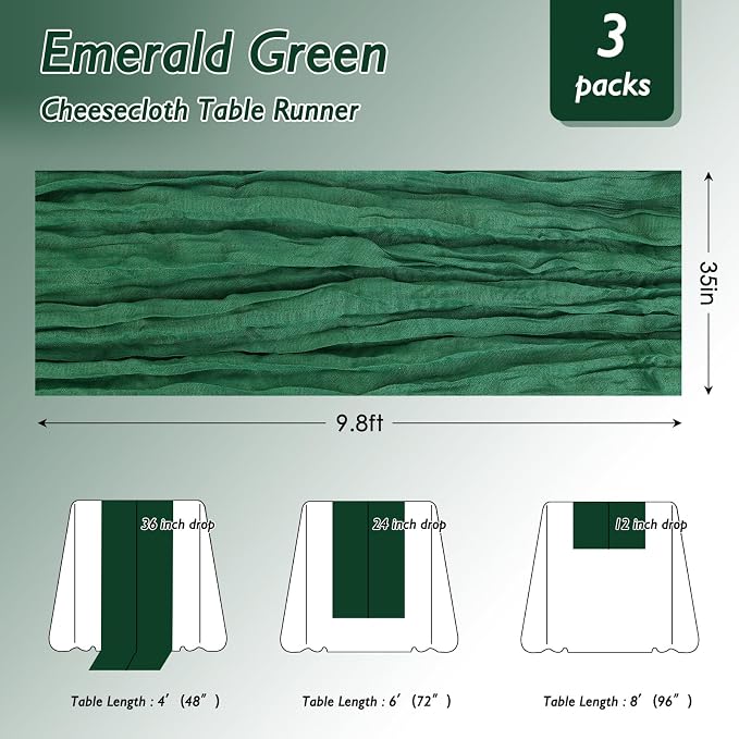 3 Pack Emerald Green Cheesecloth Table Runner 120 Inch Boho Wedding Decor | - Image 2