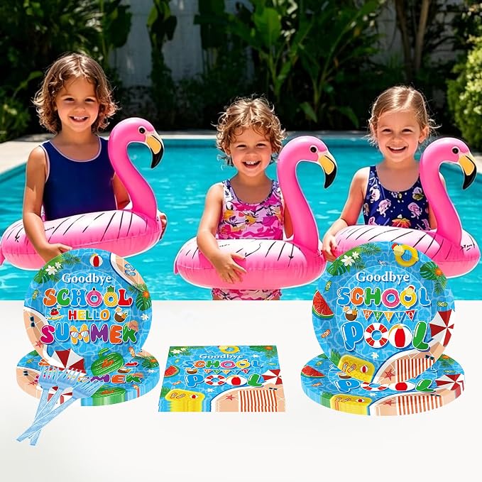 96 Pcs Goodbye School Hello Pool Party Decorations, Summer Pool Party Plates - Image 6