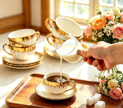 Espresso Cups with Saucers, 3.5 OZ Gold Ceramic Coffee Cup Set of 6, Demitasse - Image 9
