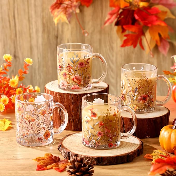 Tioncy 4 Pcs Fall Floral Coffee Mugs 12 oz Flower Glass Cups - Image 2