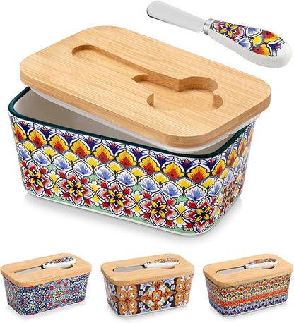 vancasso SIMI Butter Dish with Lid, 6.5" Large Butter Dish for Countertop, Bohemian Ceramic Butter Keeper Container with Knife and Bamboo Lid, Butter Holder for Counter, Golden Bloom