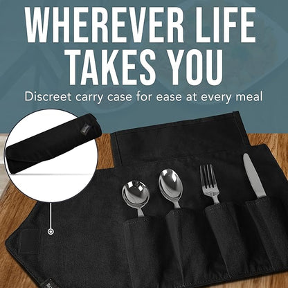 BUNMO Weighted Utensils for Hand Tremors – 4pc Adaptive Utensils for Elderly, Persons w/weak hands – Discreet Travel Wrap, Stainless Steel & Dishwasher Safe – Weighted Silverware Set