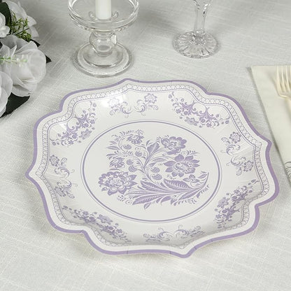 50 Pack 10" White Lavender Lilac French Toile Dinner Plates, Disposable Round Paper Party Plates 300 GSM for Festive Table Decoration