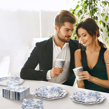 250 Pcs Blue Gold Floral Disposable Paper Plate Napkins | Bridal Shower Wedding - Image 7