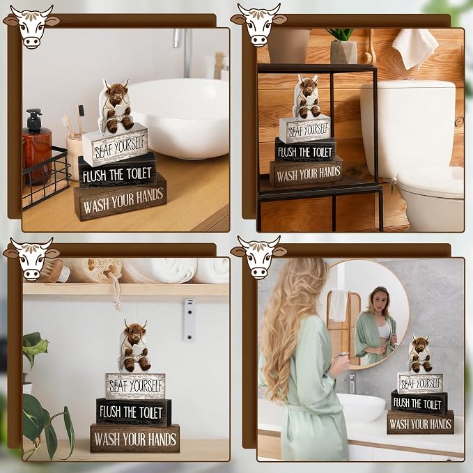 Moucuny 4 Pcs Highland Cow Bathroom Decor Set Funny Rustic Wooden Tiered Tray - Image 5