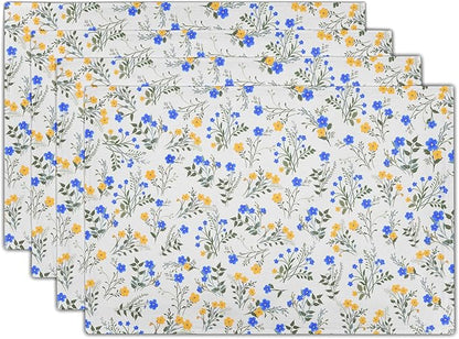 Spring Summer Placemats - Blue Yellow Floral Place Mats Set of 4 Botanical Flower Tablemats 12x18 for Party Kitchen Dining Farmhouse