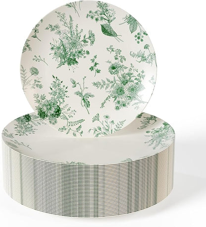 Trendables 40 Piece Plastic Disposable Plates Set For 20 Guests I 20 X 8 Inch Dessert Plates & 20 X 10 Inch Wedding Party Plates | Ivory & Green Verdure Design