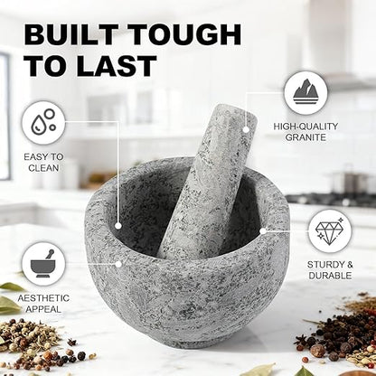 Koville Natural Marble Mortar and Pestle Set, 5" Heavy Duty Granite Grinder for Kitchen, Guacamole, Salsa, Pill Crusher, Spice, Herb, Marble Bowl for Kitchen Counter, Granite Spice Grinder Bowl