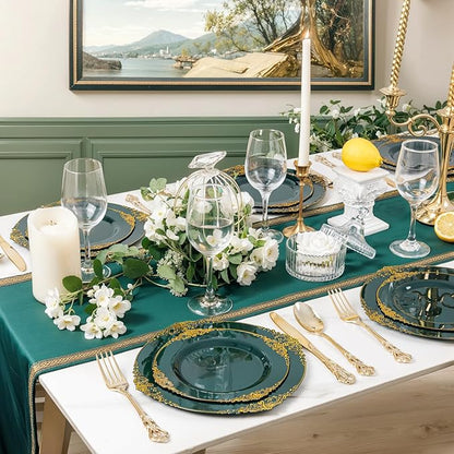 102PCS Green Plastic Plates - Green and Gold Plates - Fancy Heavy Duty Disposable Plate - Heavyweight Dinner & Dessert Plate for 51 Guests for Party & Wedding