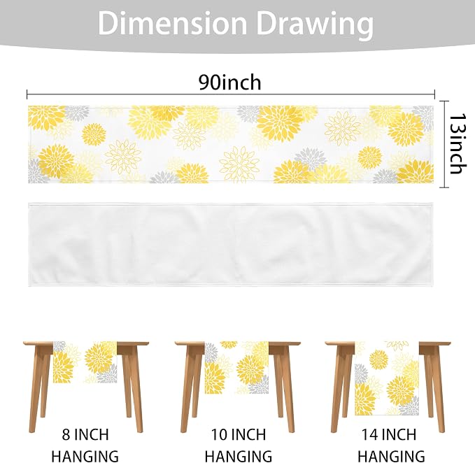Dahlia Flower Table Runner 13x90 Inch Farmhouse Yellow Gray Runners Modern - Image 6