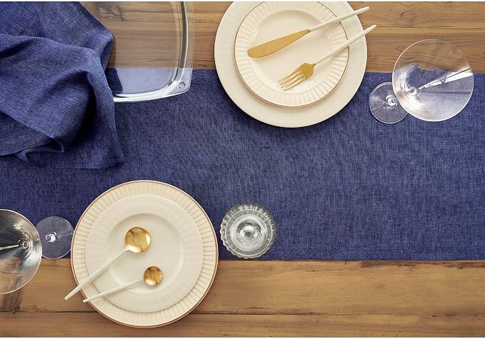 Solino Home 100% Pure Linen Dining Table Runner Navy, Athena 14 x 144 in | - Image 3