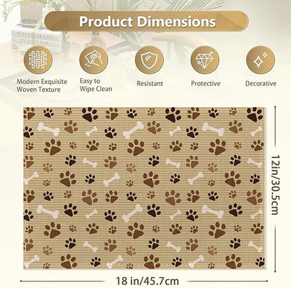 Dog Cat Paw Print Bones Placemats Set of 6,12x18 Inch Table Mats for Kitchen Table Washable Farmhouse Linen Table Mats Dining Decoration