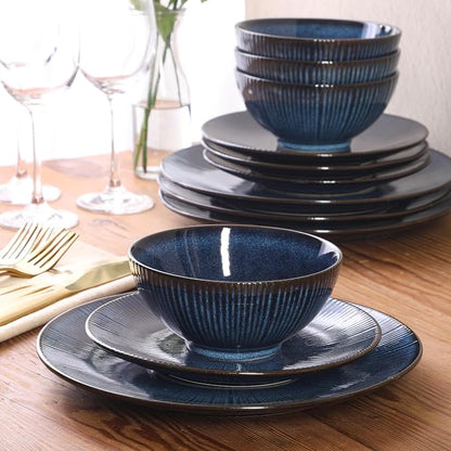 Gibson Elite Midnight Lune Plates and Bowls Sets, 12-Piece Stoneware Dinnerware - Image 2