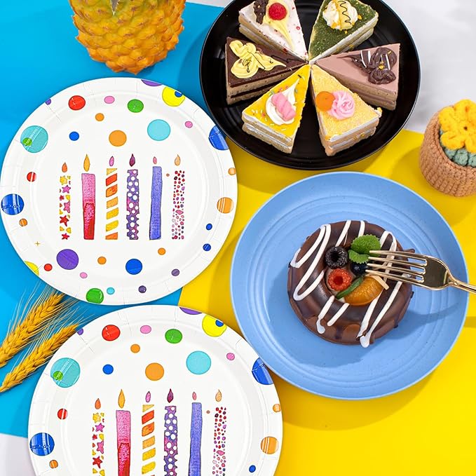 Birthday Plates & Napkins, Colorful Dots, 7 Inch, Disposable Paper Dinnerware - Image 2