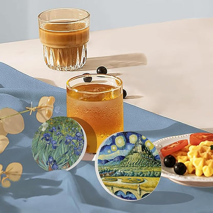Drink Coasters Set of 6 with Holder, Van Gogh Style Absorbent Ceramic Coasters with Cork Base,Fit All Cups,Great Gift for Housewarming,Room Decor,Bar,Holiday Party