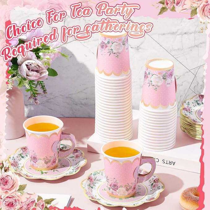 Tioncy 100 Pcs Tea Party Decorations Include 50 Pieces 9 oz Paper Tea Cups - Image 4