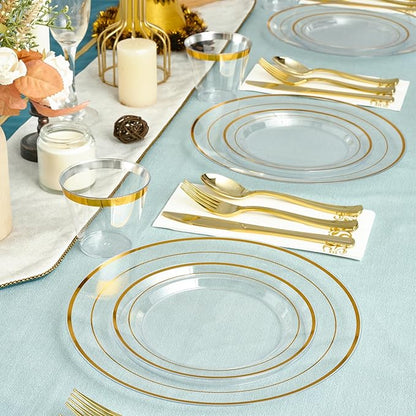 FOCUSLINE 350 Count Clear Dinnerware Set for 50 Guests- Clear Plastic Plates with Gold Rim, Includes Disposable 50 Dinner & Salad Plates, Cups, Napkins and Cutlery Set