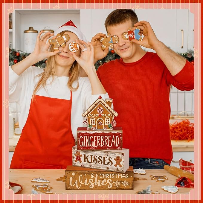 Moucuny 4 Pcs Christmas Table Decoration Gingerbread House Wooden Stacked Block - Image 5