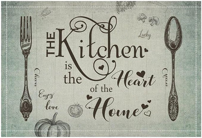 Retro Farmhouse Placemat Set, Minimal Green Gradient Rustic Plank Art Sketch Cutlery Knife Fork Inspirational Quotes Pattern Home Decor Linen Table Mats for Dining Room Kitchen Party (17x12in) x6P