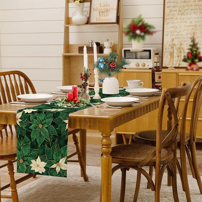 Green Poinsettia Table Runner Winter Floral Burlap Table Runners, Spring St - Image 2