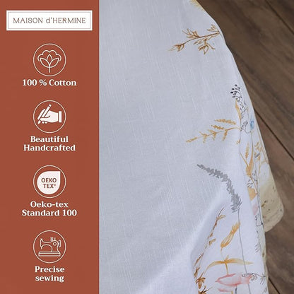 Maison d' Hermine Table Cloth Round Table 100% Cotton 63 Round Inches Tablecloth Reusable Decorative for Dining Room Farmhouse Home Valentines Day Decorations Spring Summer - Meadow Florals - Beige