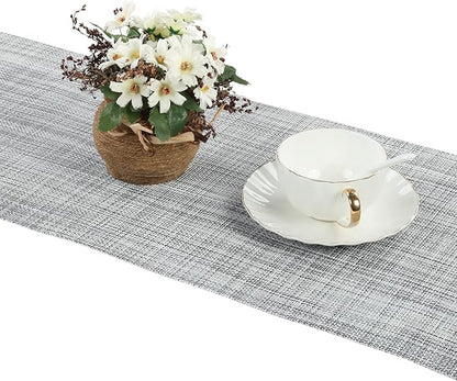 SHACOS Woven Vinyl Table Runners 12 x 54 inch Wipe Clean PVC Weave Table Runners Heat Resistant Runner for Table Indoor Outdoor, Gray White