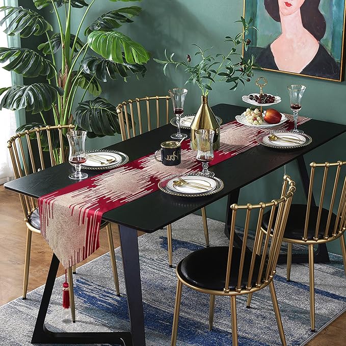 Luxury Red Gold Table Runner 72 Inches Long, Modern Abstract Geometric | Faux - Image 6