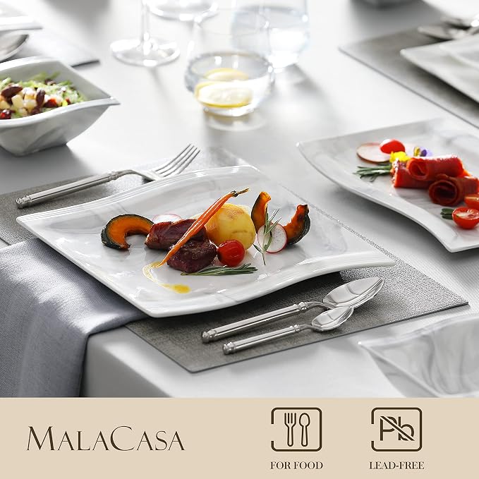 MALACASA 26-Piece Marble Grey Square Dinnerware Sets, Flora Porcelain Dinner Set - Image 3