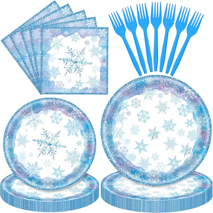 96 Pieces Snowflake Winter Tableware Set – Blue Disposable Plates, and Forks by GistomeHome
