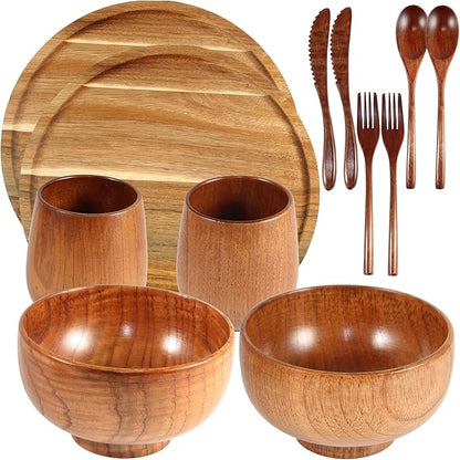 12 Pcs Acacia Wood Dinnerware Set 11.6 Inch Round Wooden Plates Bowls Tea Cups by Unknown