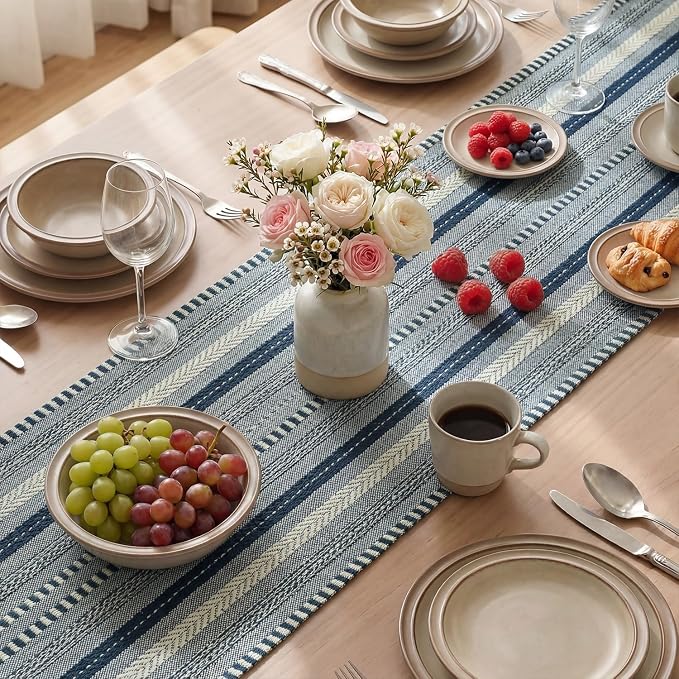 Artoid Mode Dark Blue Farmhouse Stripe Braided Table Runner 12x90 Inch | - Image 4