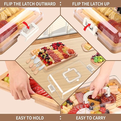 Charcuterie Board with Lid and Handle - Portable Travel Design Bamboo Cheese Board Set with 4 Cheese Tools, Gift for Housewarming, Weddings, Picnics(6 Compartments, White)