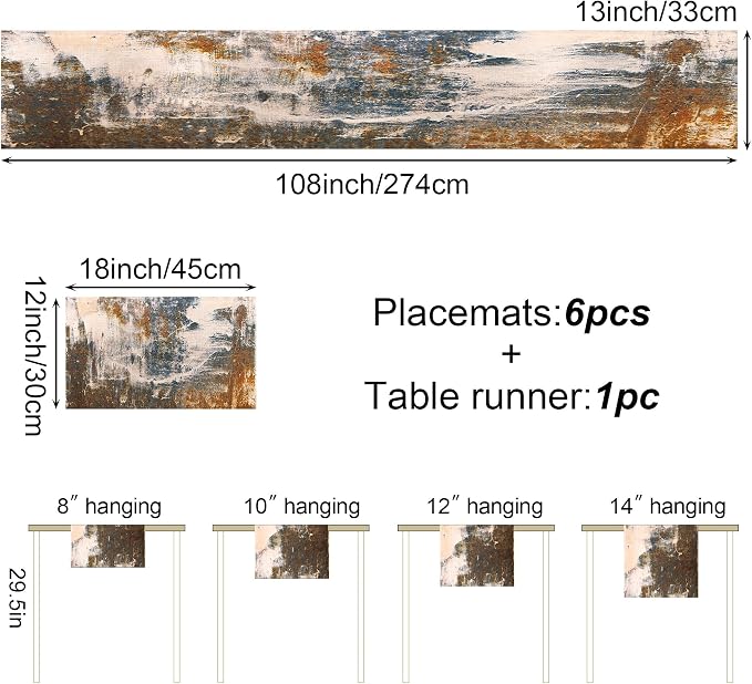 Black Grey Abstract Table Runner and Placemats Set, Linen 108" Long | Retro - Image 4