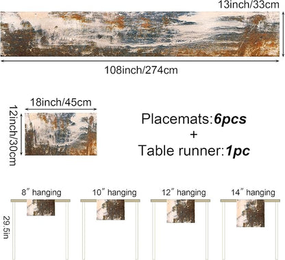 Black Grey Abstract Table Runner and Placemats Set, Linen 108" Long | Retro - Image 4