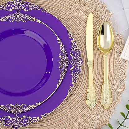 350 PCS Purple and Gold Plastic Plates, Plastic Dinnerware Set for 50 Guests, 100 Disposable Plates, 150 Silverwares, 50 Cups, 50 Napkins for Party, Wedding, Graduation