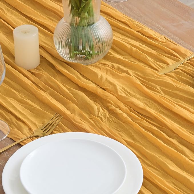 Asee'm 2pcs Gold Yellow Cheesecloth Table Runner Summer 10FT Rustic Gauze | - Image 3