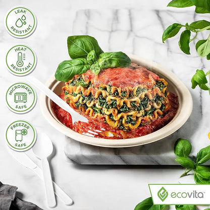 Ecovita 100% Compostable Paper Plates [9 in.] COMPARTMENTS – 150 Disposable Plates Eco Friendly Sturdy Tree Free Liquid and Heat Resistant Alternative to Plastic or Paper Plates