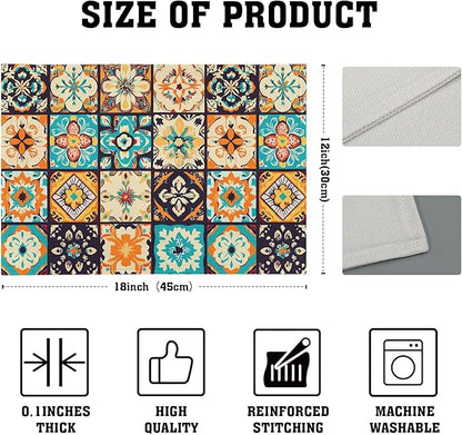 Boho Floral Placemats Set of 4, Retro Flower Geometric Place Mat Bohemian Floral Cloth Tablemats Non-Slip Washable Tabletop Mat 12x18 Inch for Indoor Outdoor Dining Party Table Decor