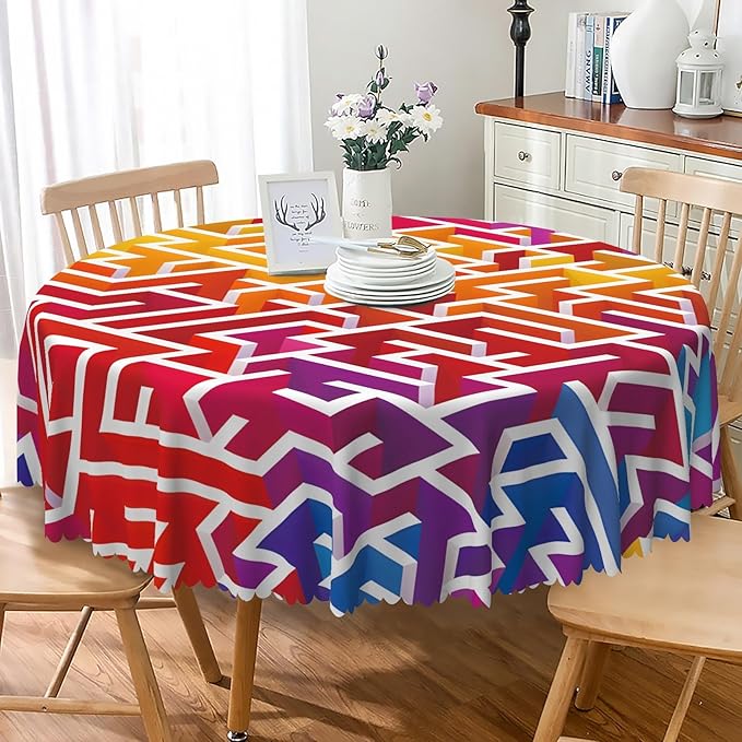 Laeacco 54 Inch Maze Round Tablecloth Colorful Labyrinth Texture Modern Geometric Abstract Art Print Table Cloth Washable Waterproof Wrinkle Free Table Cover for Kitchen Dining Picnic Party Decor