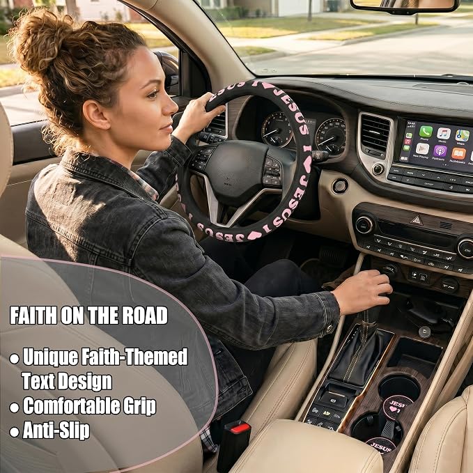 Christian I Love Jesus Pink Steering Wheel Cover - Image 4