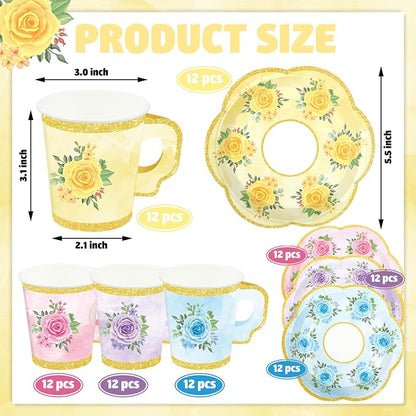 48 Sets Floral Paper Tea Cups and Saucers Disposable Tea Party Supplies - Image 2
