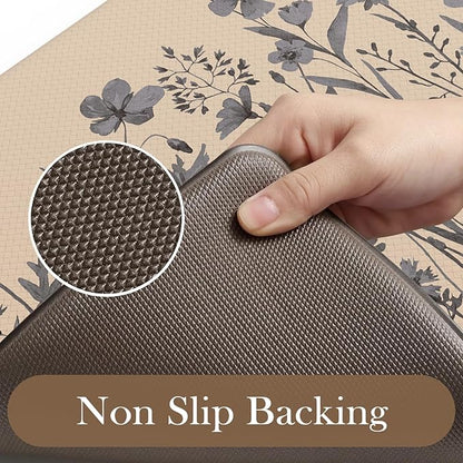 KIMODE Kitchen Anti Fatigue Mats, Farmhouse Kitchen Rugs Sets of 2, Memory Foam Kitchen Mats for Floor, Waterproof Standing Mat for Sink, Laundry, Office, Desk Brown/Gray 17"x59"+17"x29"