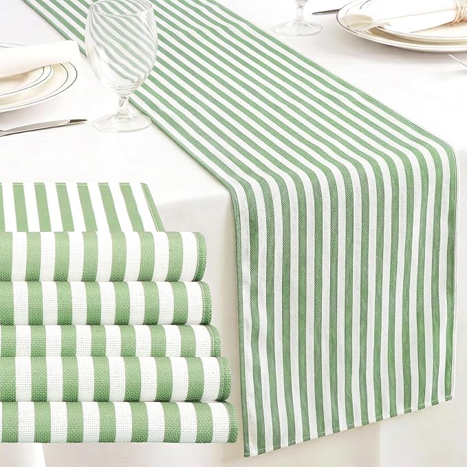6 Pcs Green and White Stripe Table Runner 13 x 72 Inch | Linen Kitchen Dining by Unknown