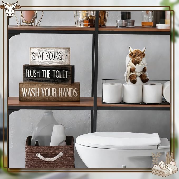 Moucuny 4 Pcs Highland Cow Bathroom Decor Set Funny Rustic Wooden Tiered Tray - Image 7