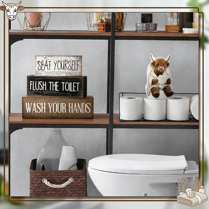 Moucuny 4 Pcs Highland Cow Bathroom Decor Set Funny Rustic Wooden Tiered Tray - Image 7