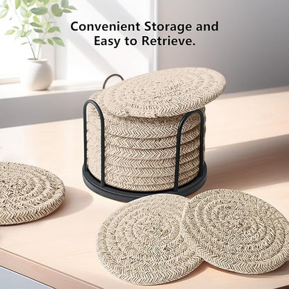 Coasters Set of 8 for Drinks, Beer, Coffee, Cotton Woven Absorbent Coaster with Holder, Boho Coasters for Home Decor Tabletop Protection Suitable for Kinds of Cups, Brown