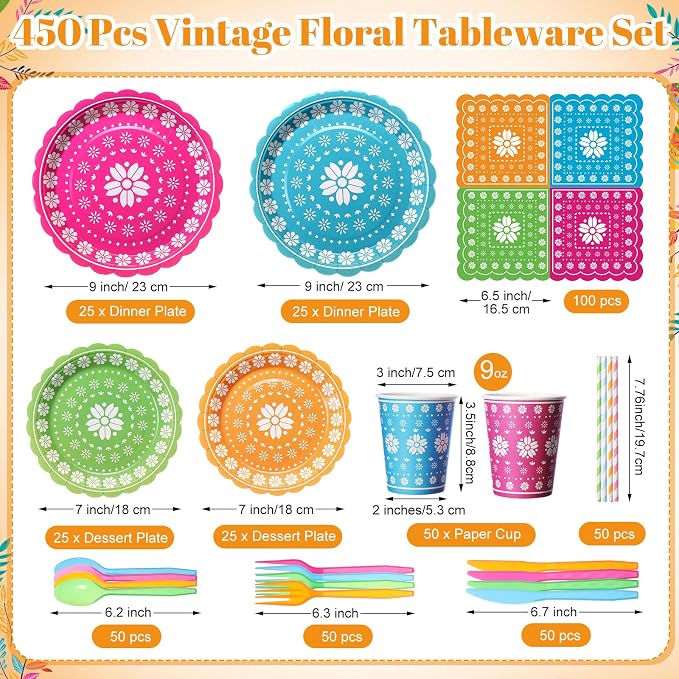 450 Pcs Fiesta Tableware Set Decorations, Serves 50 | Mexican Party Paper - Image 2