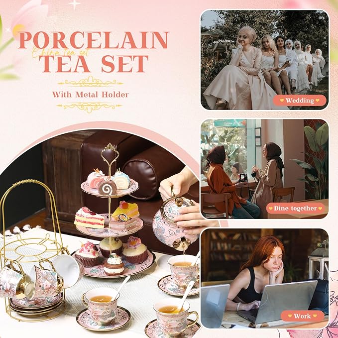 21 Pcs Ceramic Teapot Set Vintage Porcelain Tea Cups - Image 4