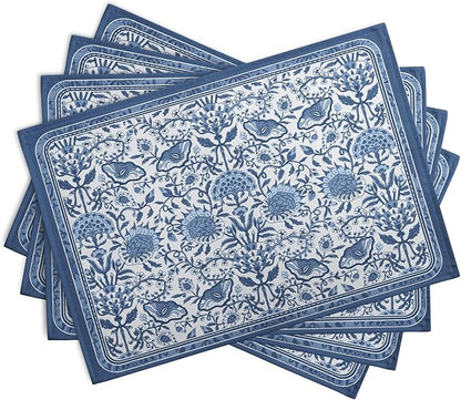 Blue Floral Boho Placemats Set of 4, 12x18 Inch Vintage Chinoiserie Block Print Place Mats Seasonal Spring Summer Rustic Farmhouse Table Mats for Party Kitchen Dining Outdoor Indoor Decor